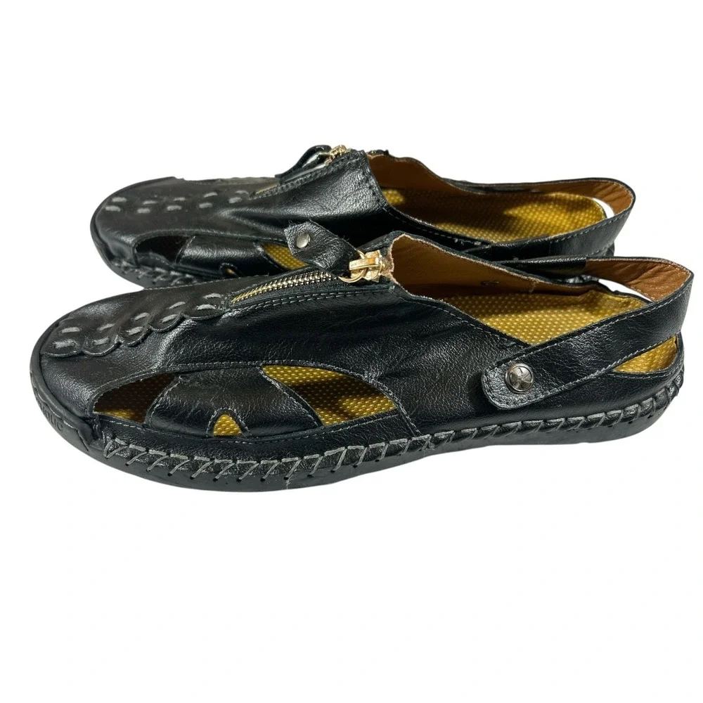 Men's Black Leather‎ Fisherman Sandals with Zipper Closure, Breathable
